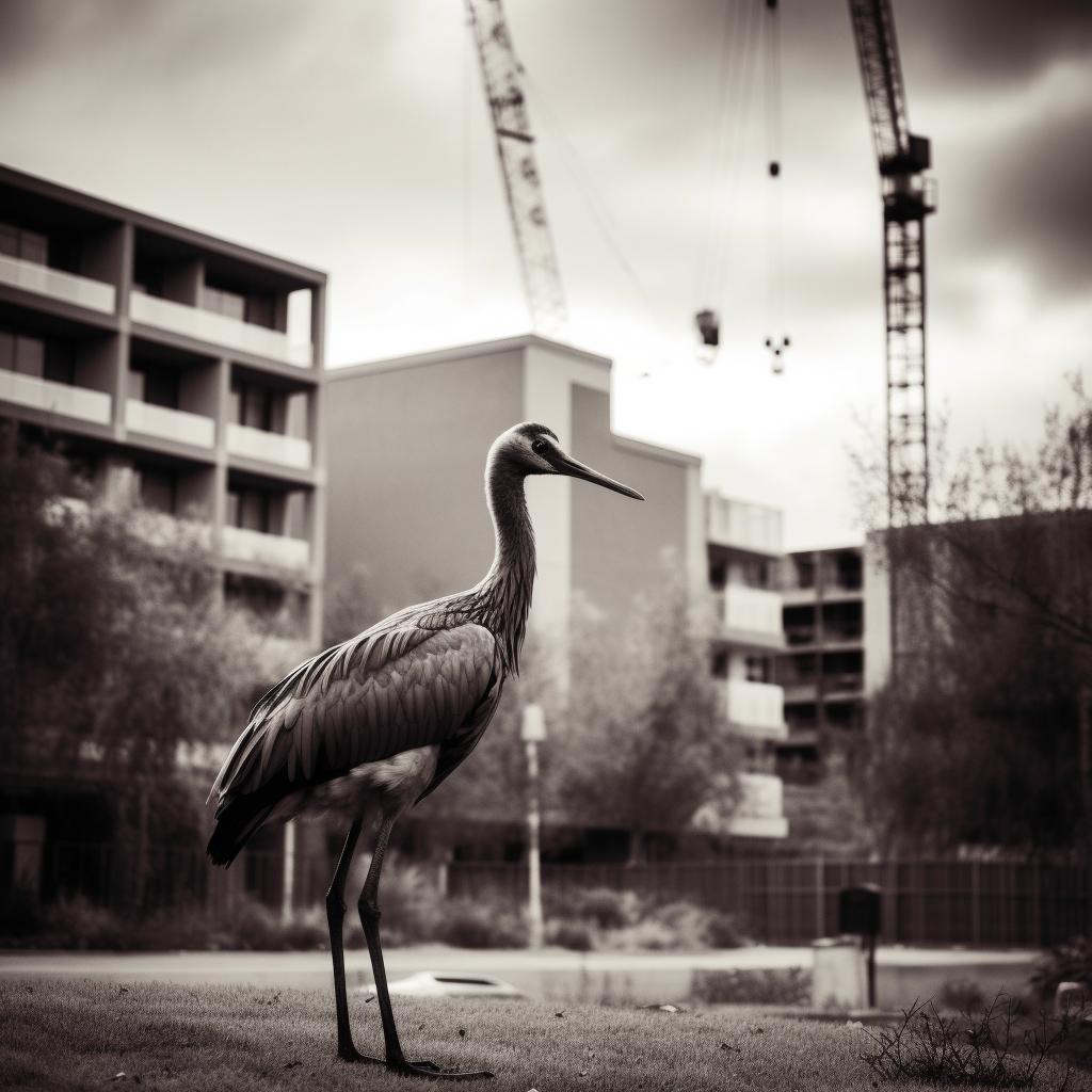 Midjourney image for the prompt 'crane' depicting both a machine crane as well as a bird.