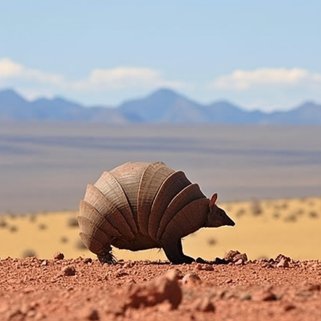 An uncanny image of a creature that looks like an armadillo in front of a landscape.