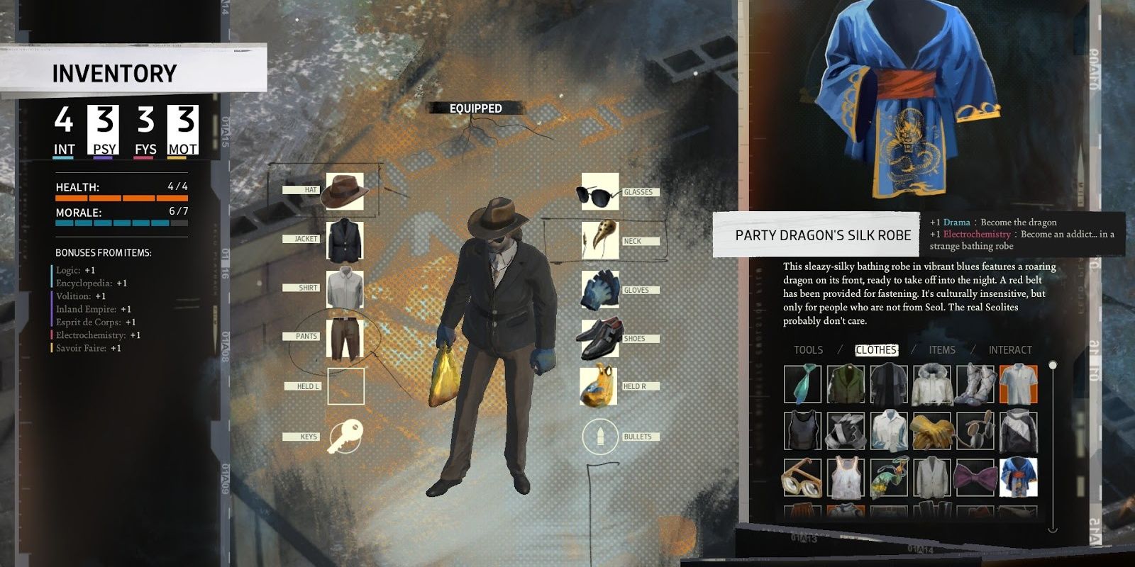 A screenshot from Disco Elysium showing the inventory where you can equip clothes like this 'party dragon silk robe'