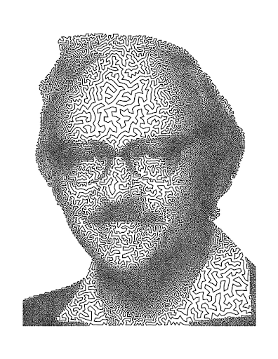 A portrait of George Dantzig drawn using a jagged line (a TSP solution)