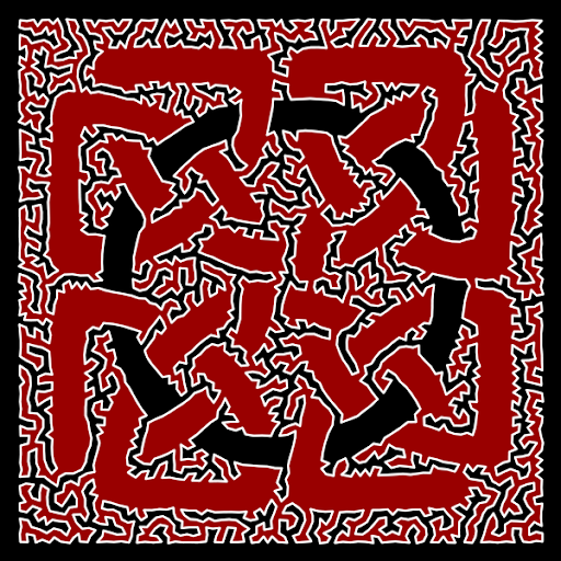 A ring and knot design in red and black, where the border is a TSP solution
