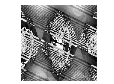 A trippy black and white image with sinusoidal curves and diagonal streaks